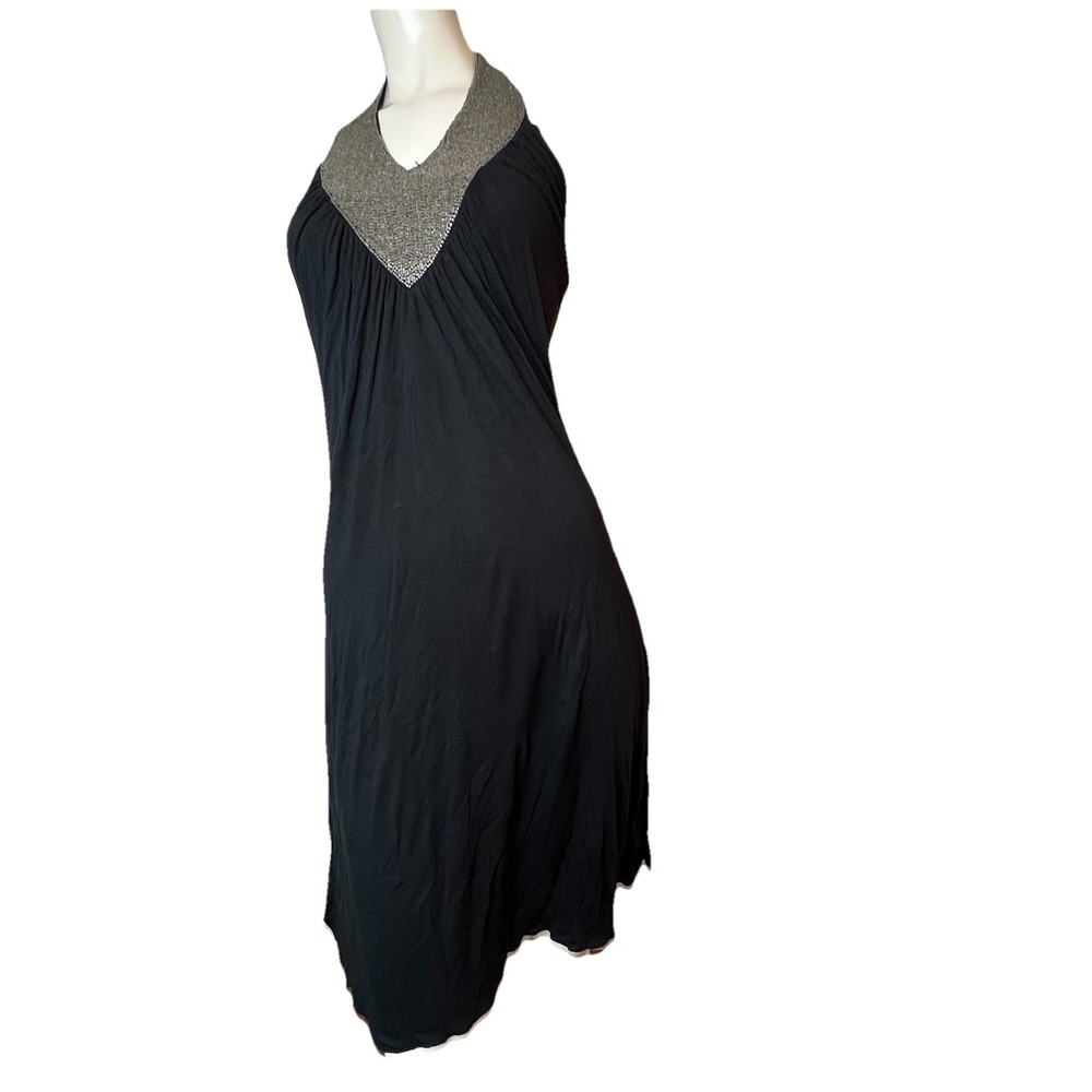 Express Beaded Tie Neck Flowy Black Jersey Shelf Bra Lined Halter Dress XS